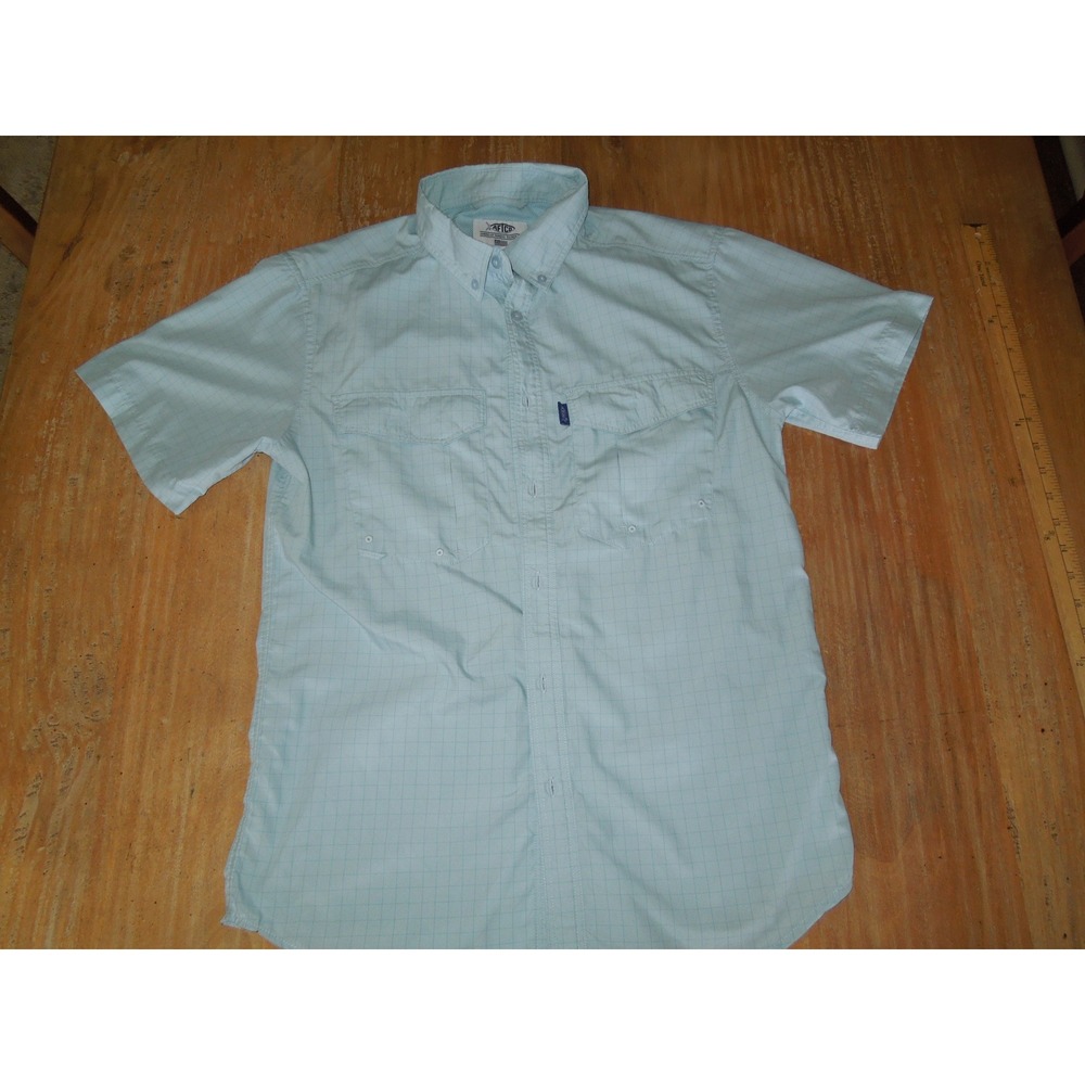 AFTCO Mens Small Blue Grid Short Sleeve Fishing Shirt Ventilated Button Down